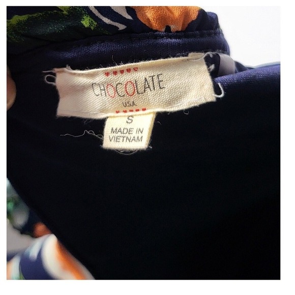 Chocolate Floral Maxi Dress  Blue Orange Flowers Ruffle Neckline Party Size S - Picture 9 of 9